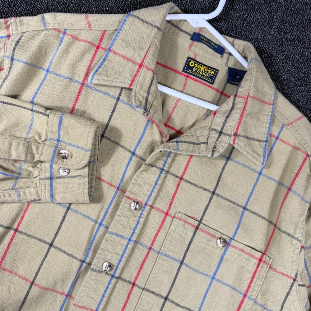 Vintage OshKosh B'gosh Men's XL Plaid Flannel Shirt Tan Red Blue USA Made Cotton